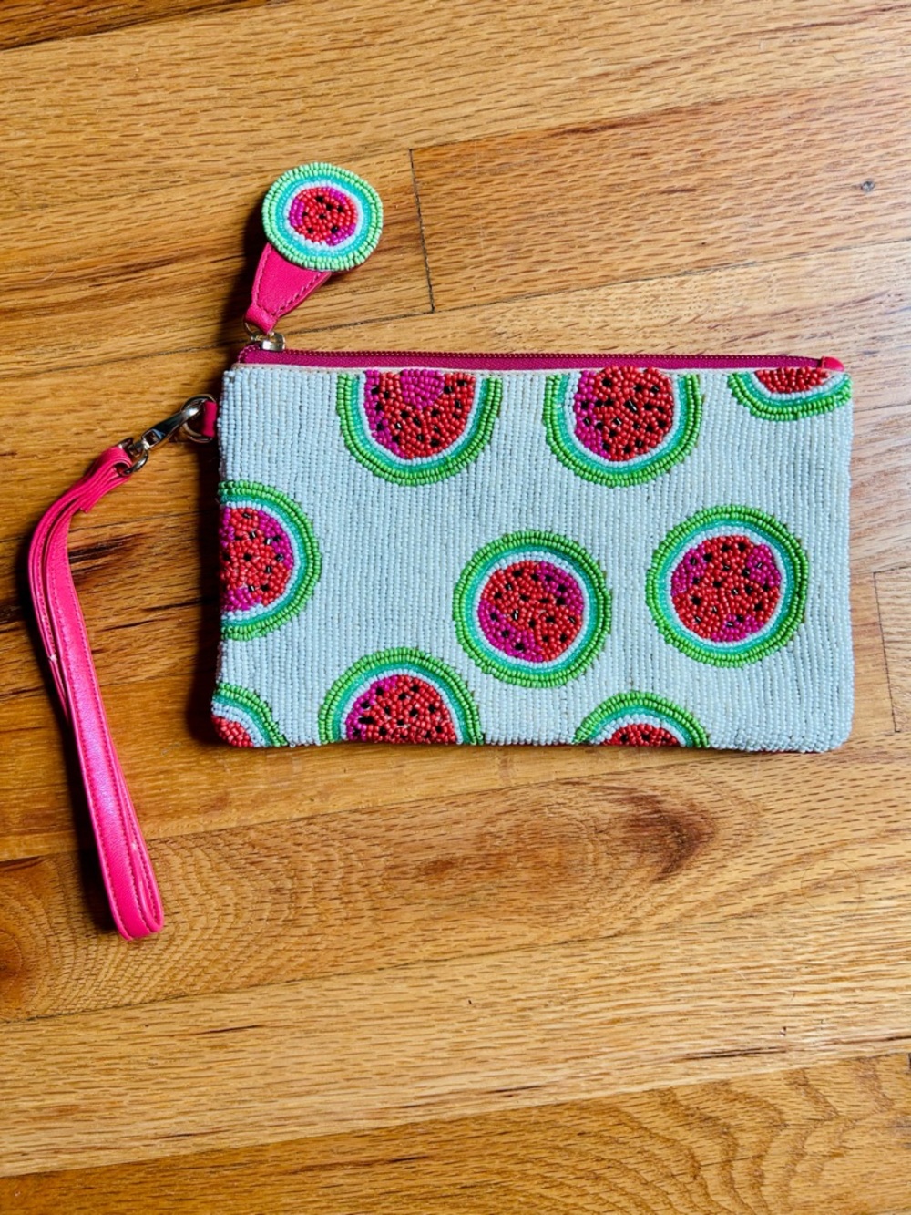 Chico's Pink & Green Watermelon Fruit Beaded Boho Wristlet Clutch Summer Fun - Picture 4 of 12